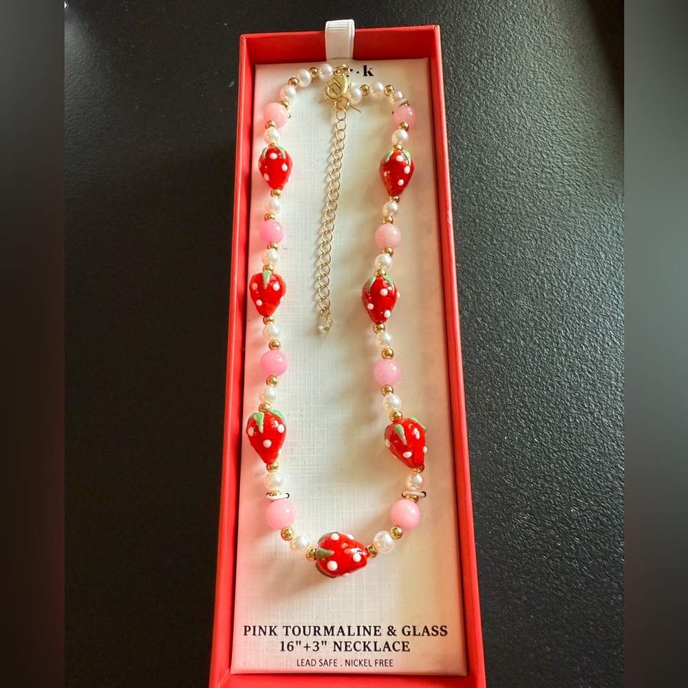 Strawberry Charm Necklace with Pink Tourmaline and Glass Beads NWT